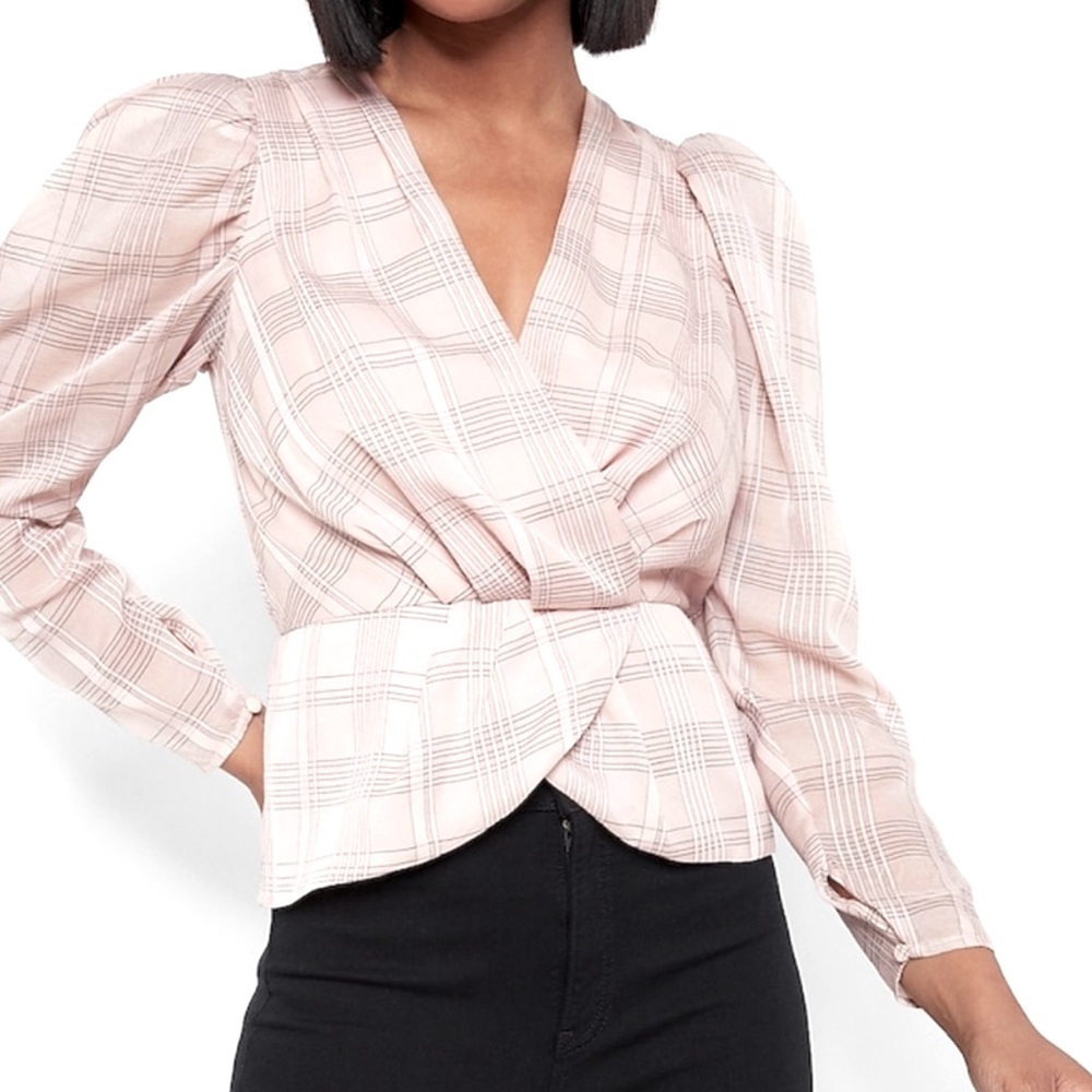 NWT Express Check Print Faux Wrap Peplum Top sz XL